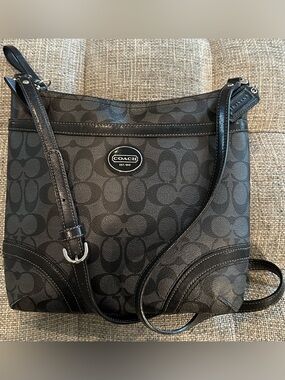 Coach Black/Black Smoke Signature Jacquard File Crossbody Bag Leather Strap EUC